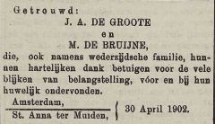 Familieadvertentie huwelijk J.A. de Groote en M. de Bruijne