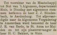 J.R. van Eerde uit Sint Anna ter Muiden wordt benoemd tot afgevaardigde van de Maatschappij tot Nut van 't Algemeen, afdeling Sluis.